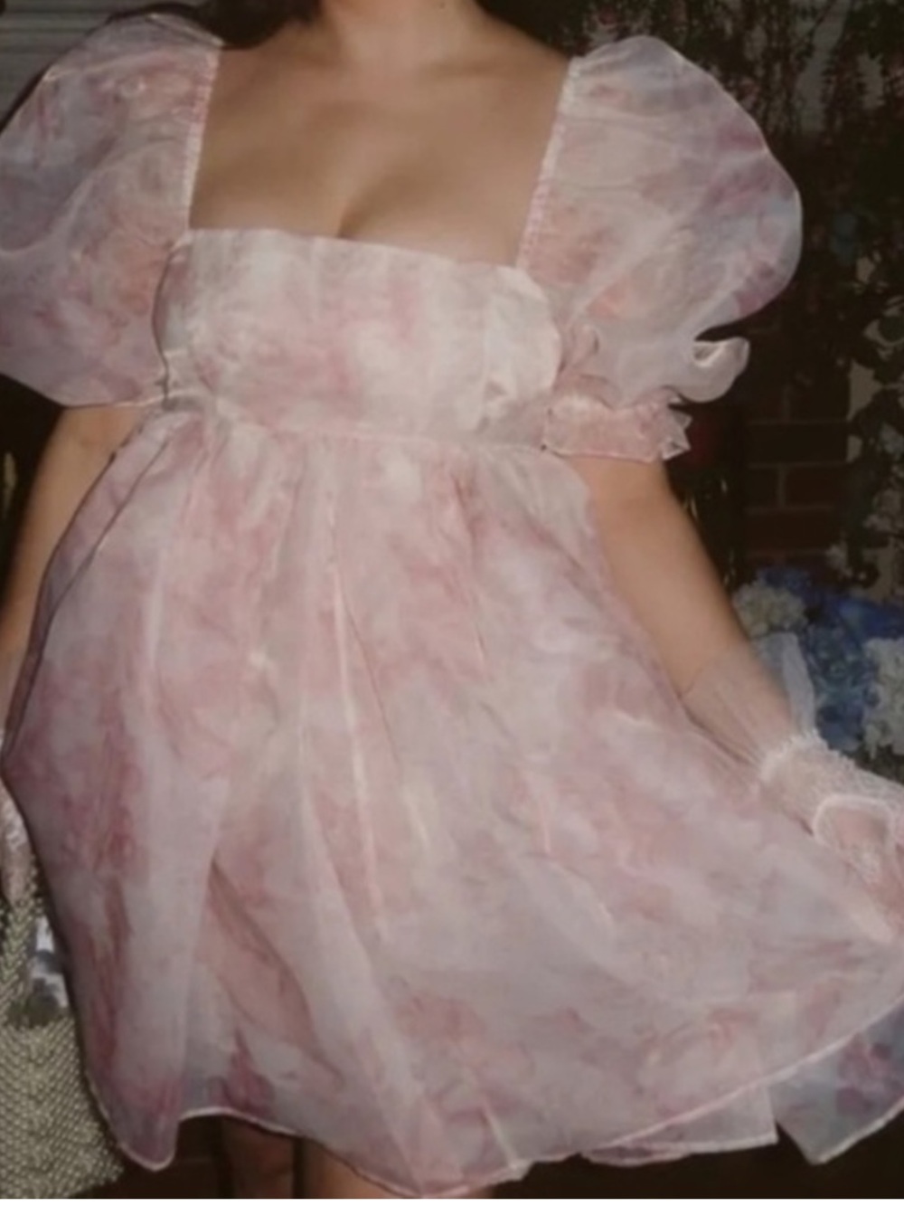Selkie Dress Puff Sleeve Organza Mini Babydoll in Pink Floral